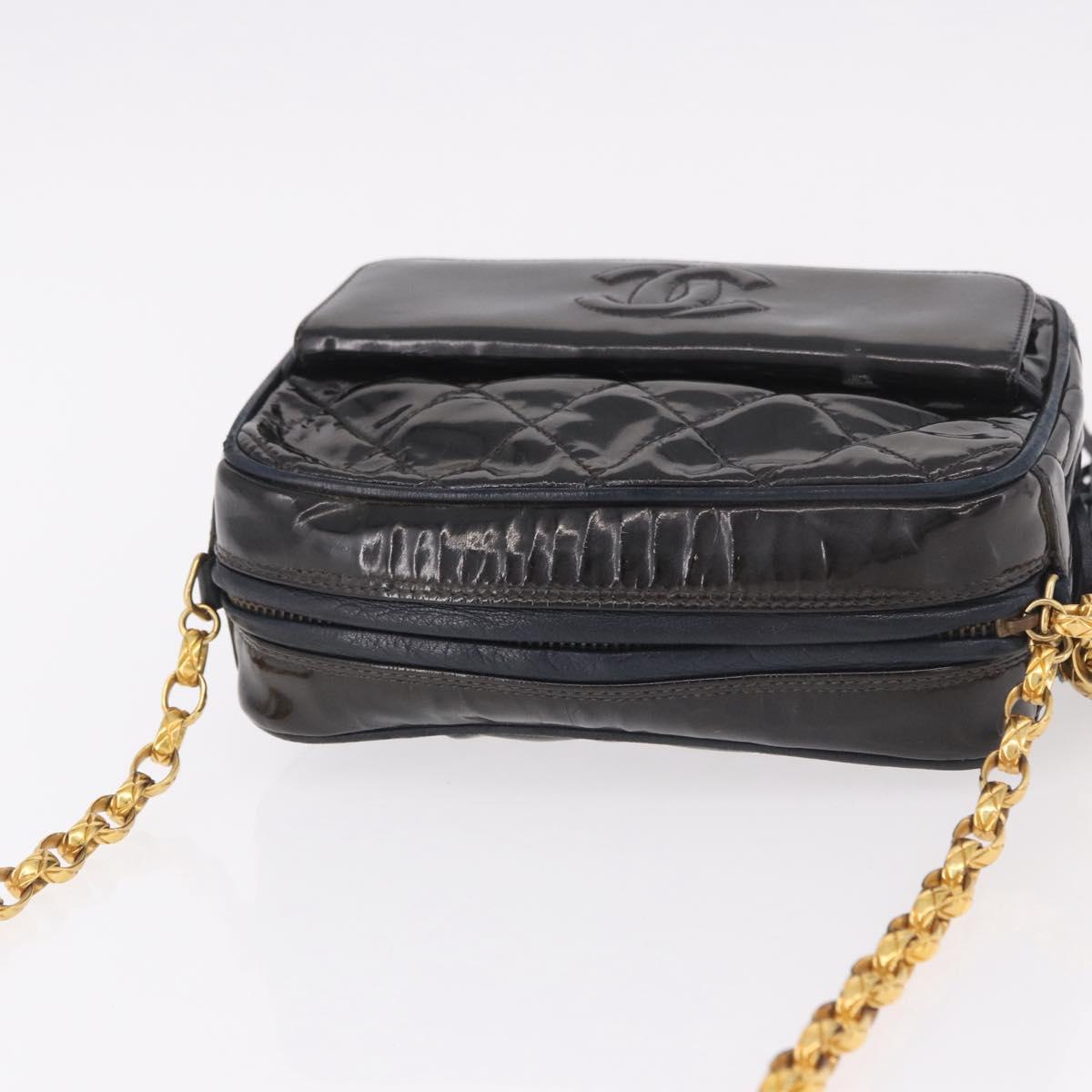CHANEL Matelasse Chain Shoulder Bag Patent Leather Black Gold CC Auth 190323