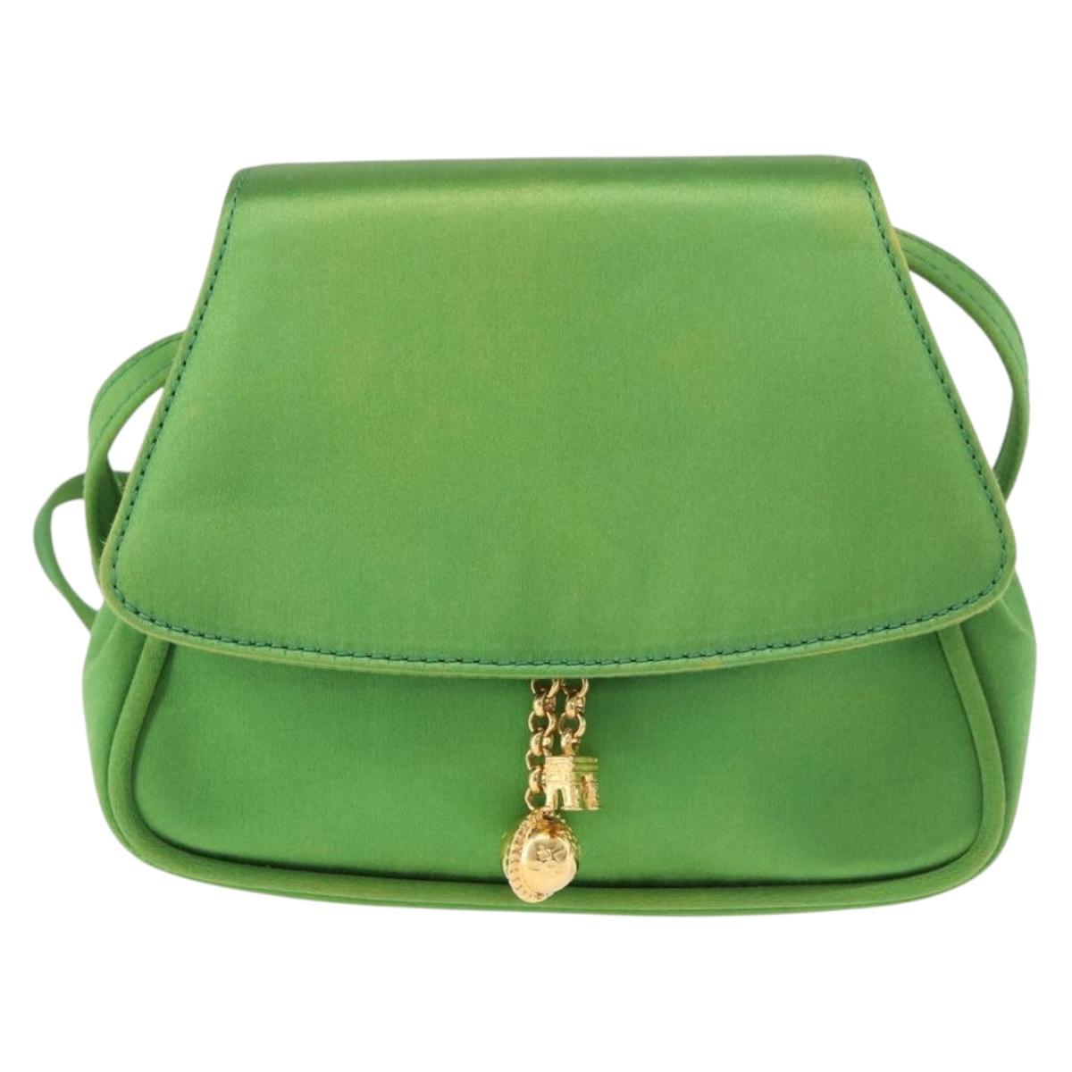 CELINE Shoulder Bag Satin Green Gold Auth 190325