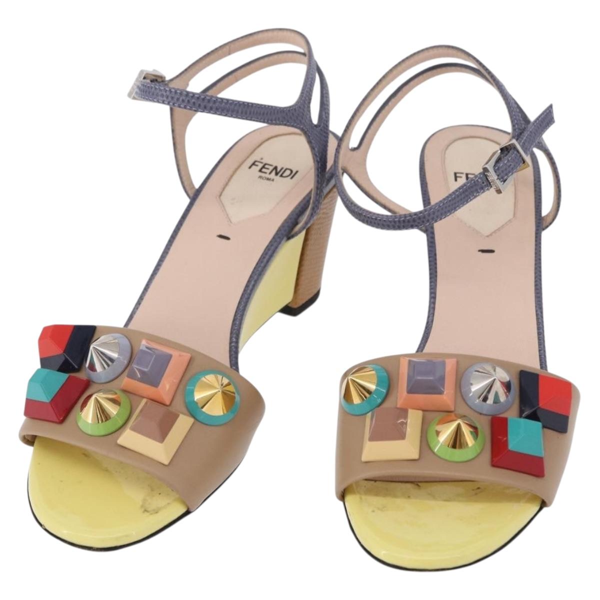 FENDI Ankle Strap Sandals Leather Multicolor Gold Auth 190357M