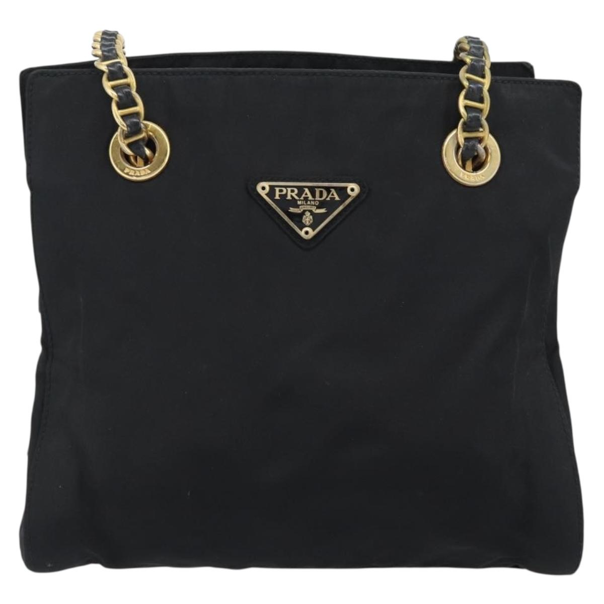 PRADA Chain Shoulder Bag Nylon Black Gold Auth 190360A