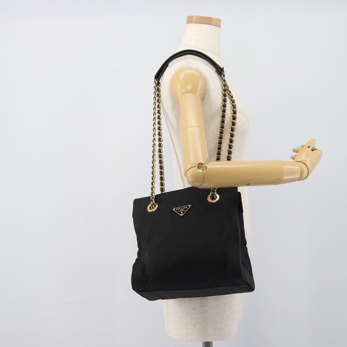 PRADA Chain Shoulder Bag Nylon Black Gold Auth 190360A