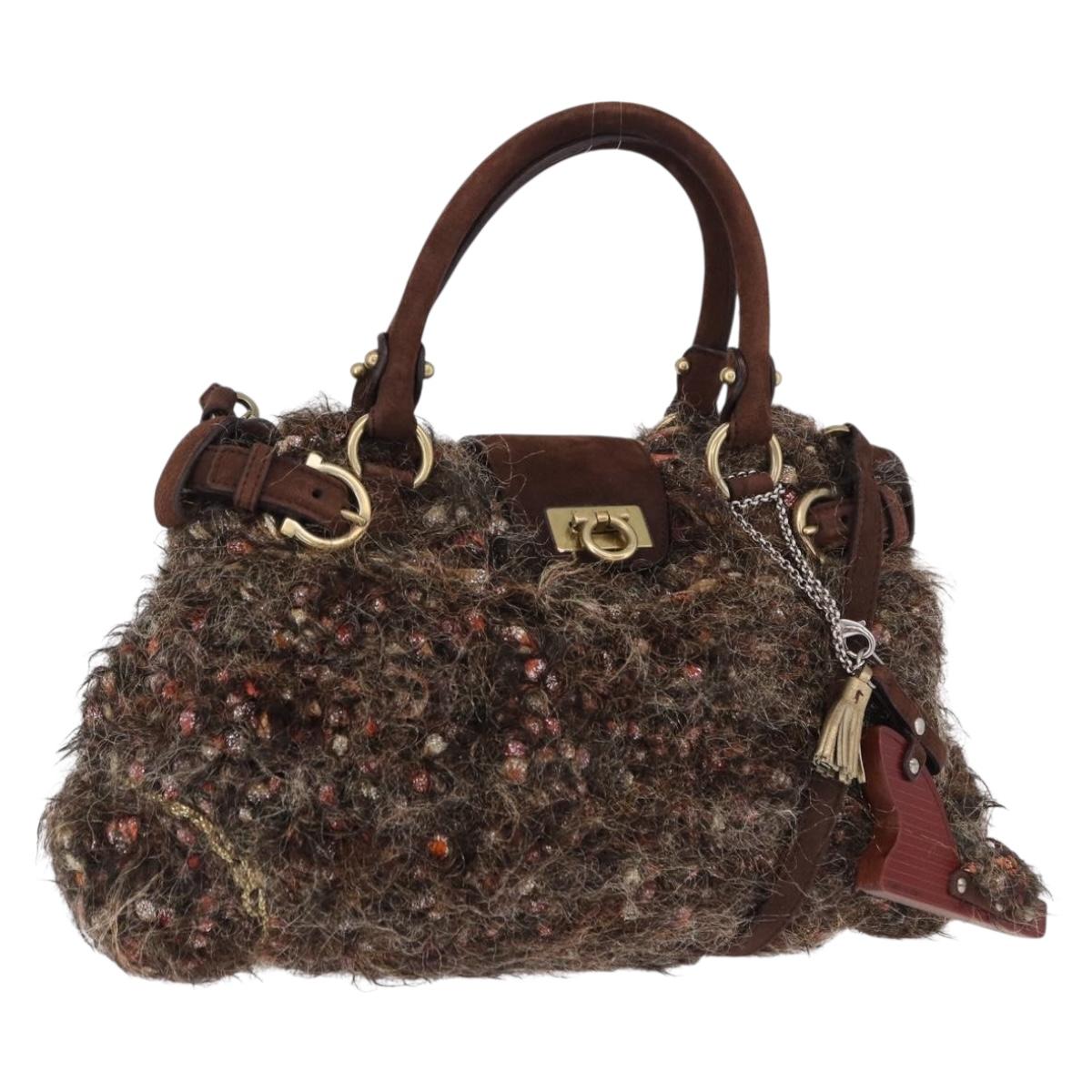 Salvatore Ferragamo Gancini Marisa Hand Bag tweed 2way Brown Gold Auth 190361A