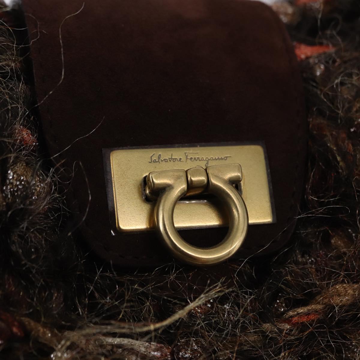 Salvatore Ferragamo Gancini Marisa Hand Bag tweed 2way Brown Gold Auth 190361A