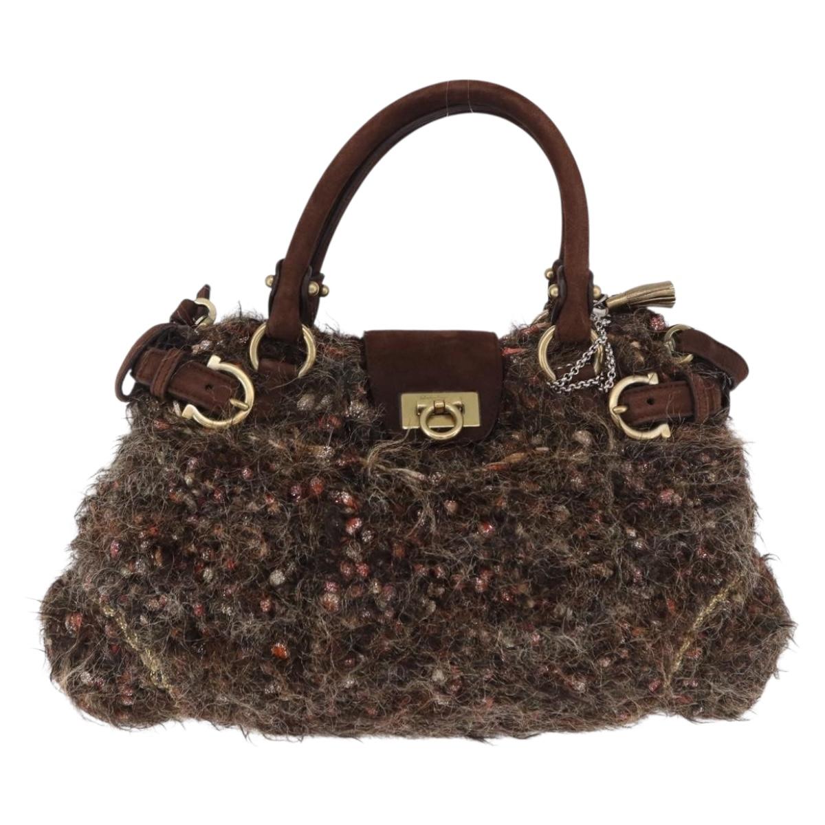 Salvatore Ferragamo Gancini Marisa Hand Bag tweed 2way Brown Gold Auth 190361A