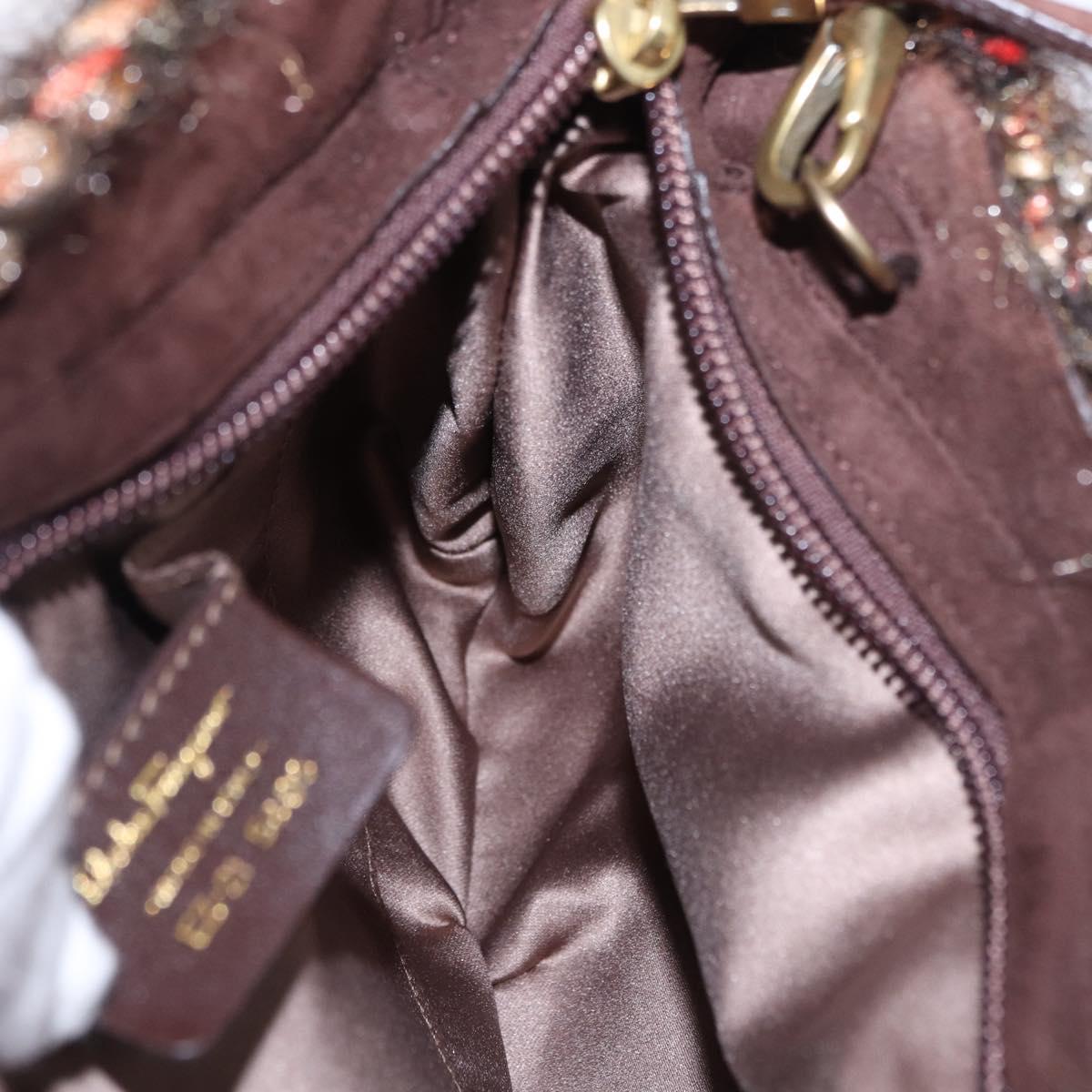 Salvatore Ferragamo Gancini Marisa Hand Bag tweed 2way Brown Gold Auth 190361A