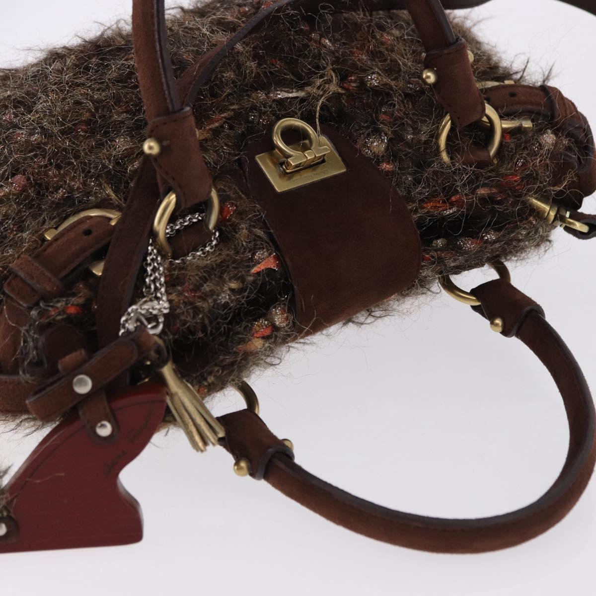 Salvatore Ferragamo Gancini Marisa Hand Bag tweed 2way Brown Gold Auth 190361A