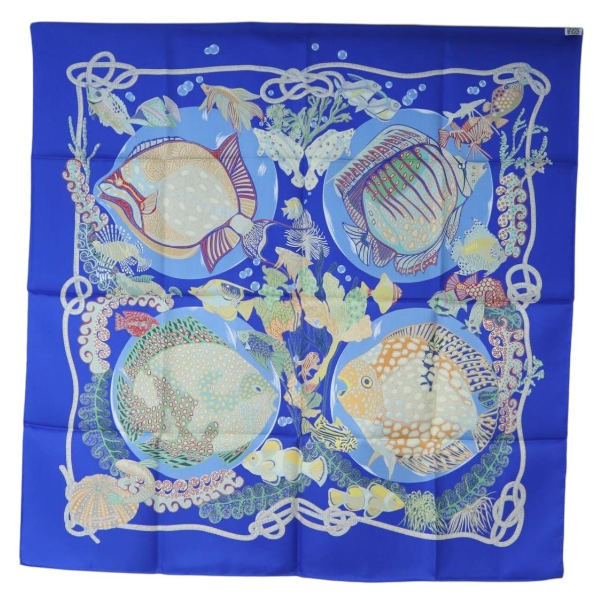 HERMES Carre 90 Scarf ”Grands Fonds” Silk Blue Auth 190368M