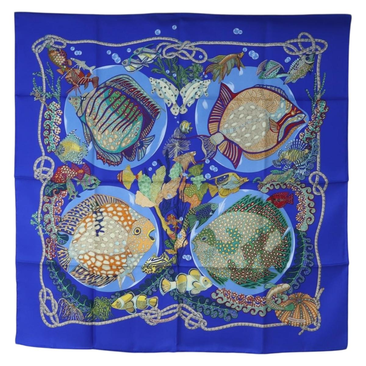 HERMES Carre 90 Scarf ”Grands Fonds” Silk Blue Auth 190368M