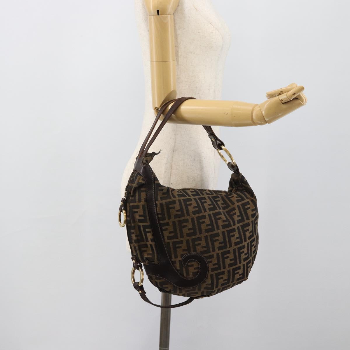 FENDI Zucca Canvas Shoulder Bag Brown Black Auth 190384A