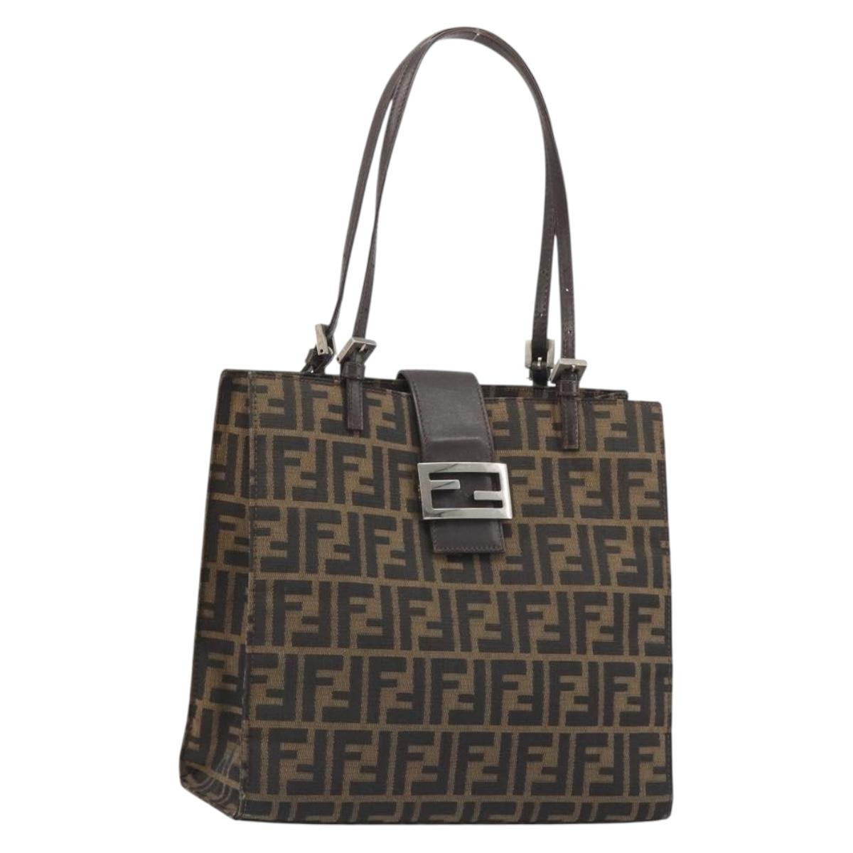 FENDI Zucca Canvas Mamma Baguette Tote Bag Brown Black Auth 190385