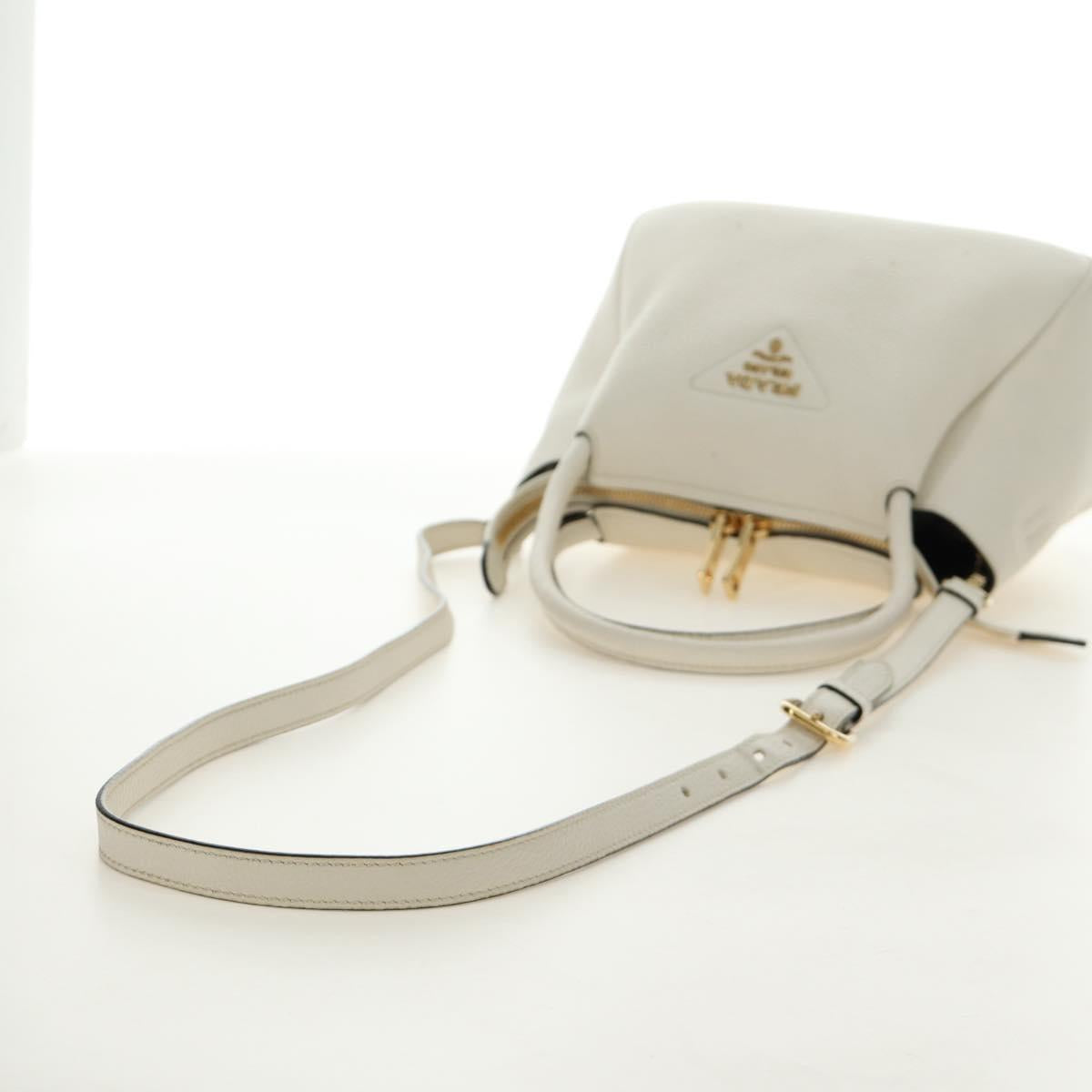 PRADA Hand Bag Vittero Dino Leather 2way White Gold Auth 190387V