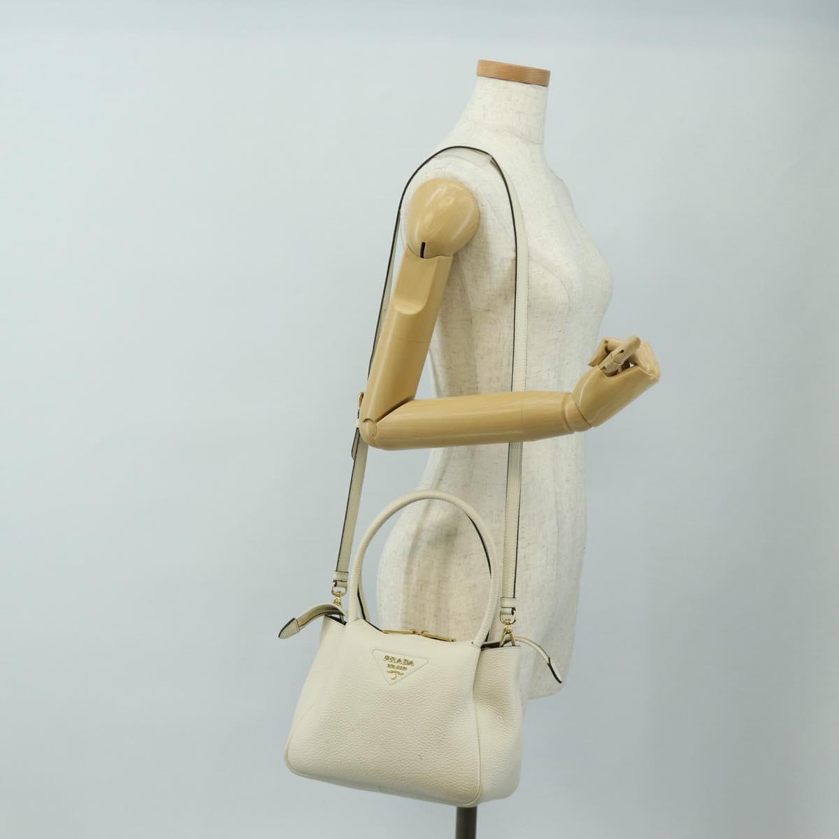PRADA Hand Bag Vittero Dino Leather 2way White Gold Auth 190387V