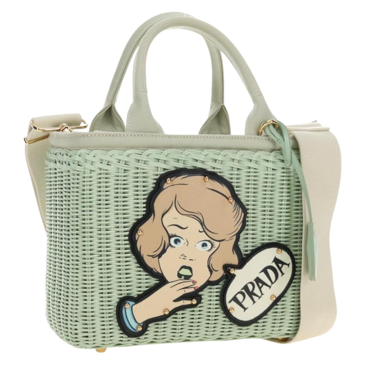 PRADA Hand Bag Rattan 2way Green Gold Auth 190430SAM