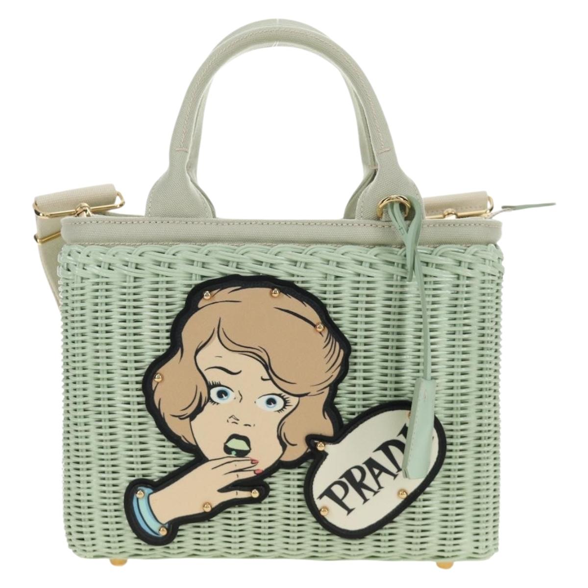 PRADA Hand Bag Rattan 2way Green Gold Auth 190430SAM