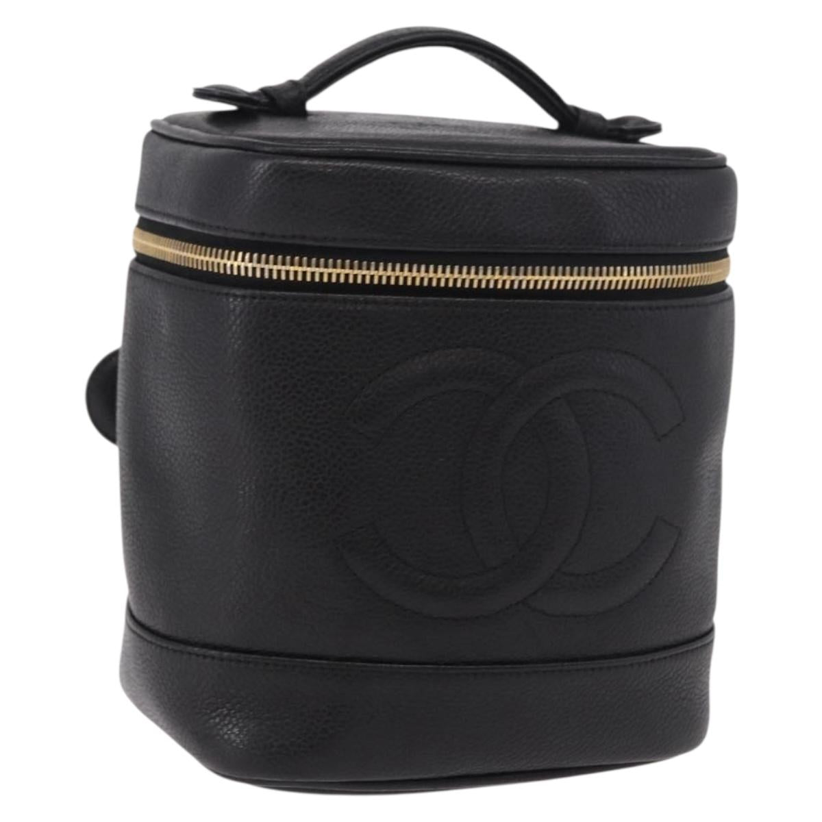 CHANEL Vanity Hand Bag Caviar Skin Black Gold CC Auth 190449V