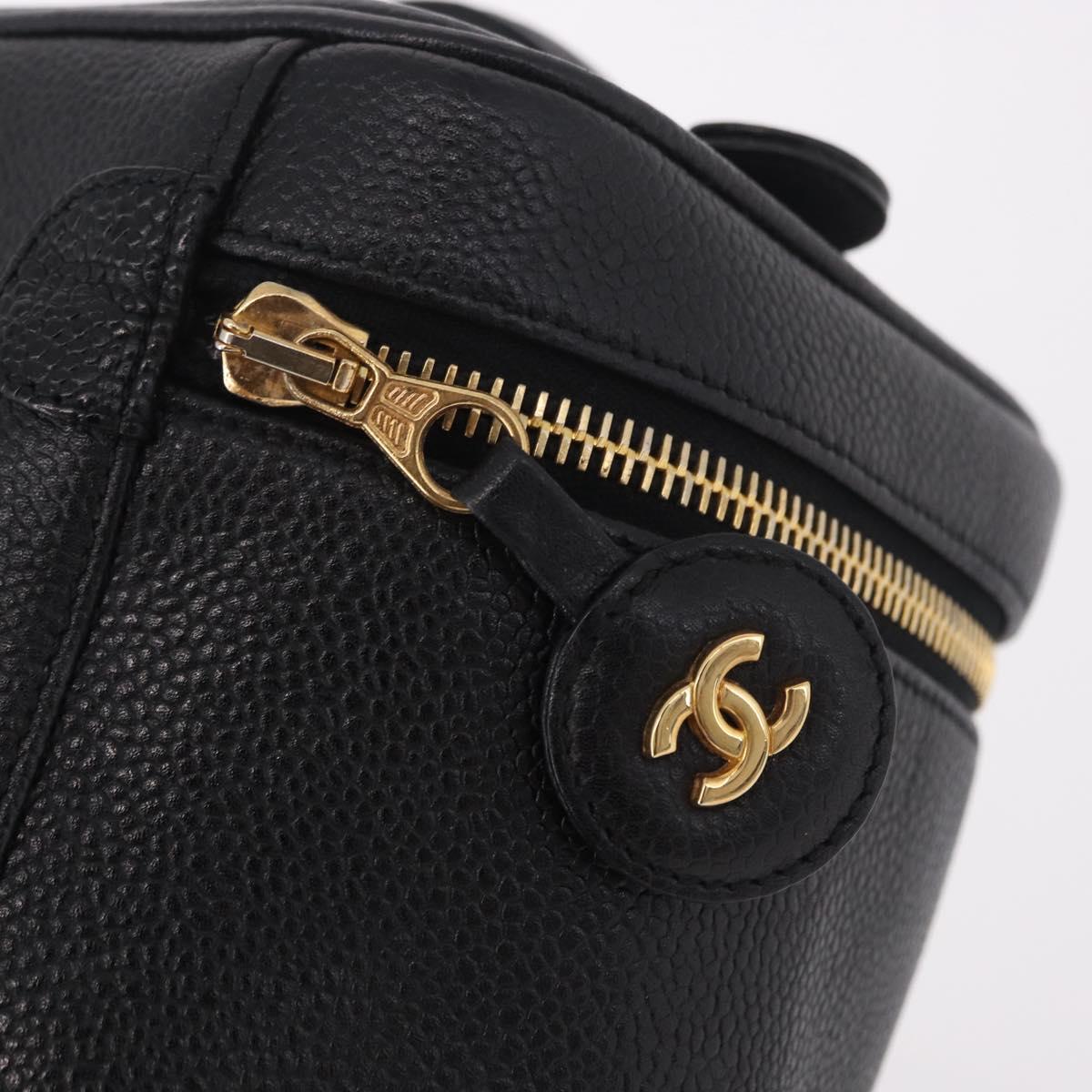 CHANEL Vanity Hand Bag Caviar Skin Black Gold CC Auth 190449V