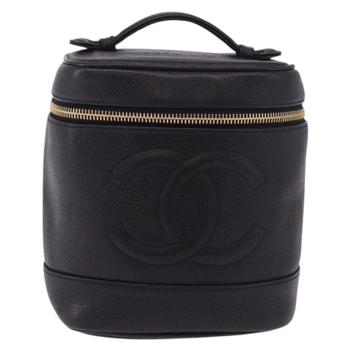 CHANEL Vanity Hand Bag Caviar Skin Black Gold CC Auth 190449V