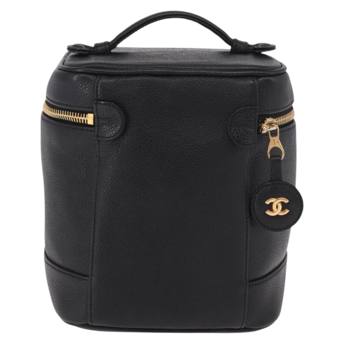 CHANEL Vanity Hand Bag Caviar Skin Black Gold CC Auth 190449V