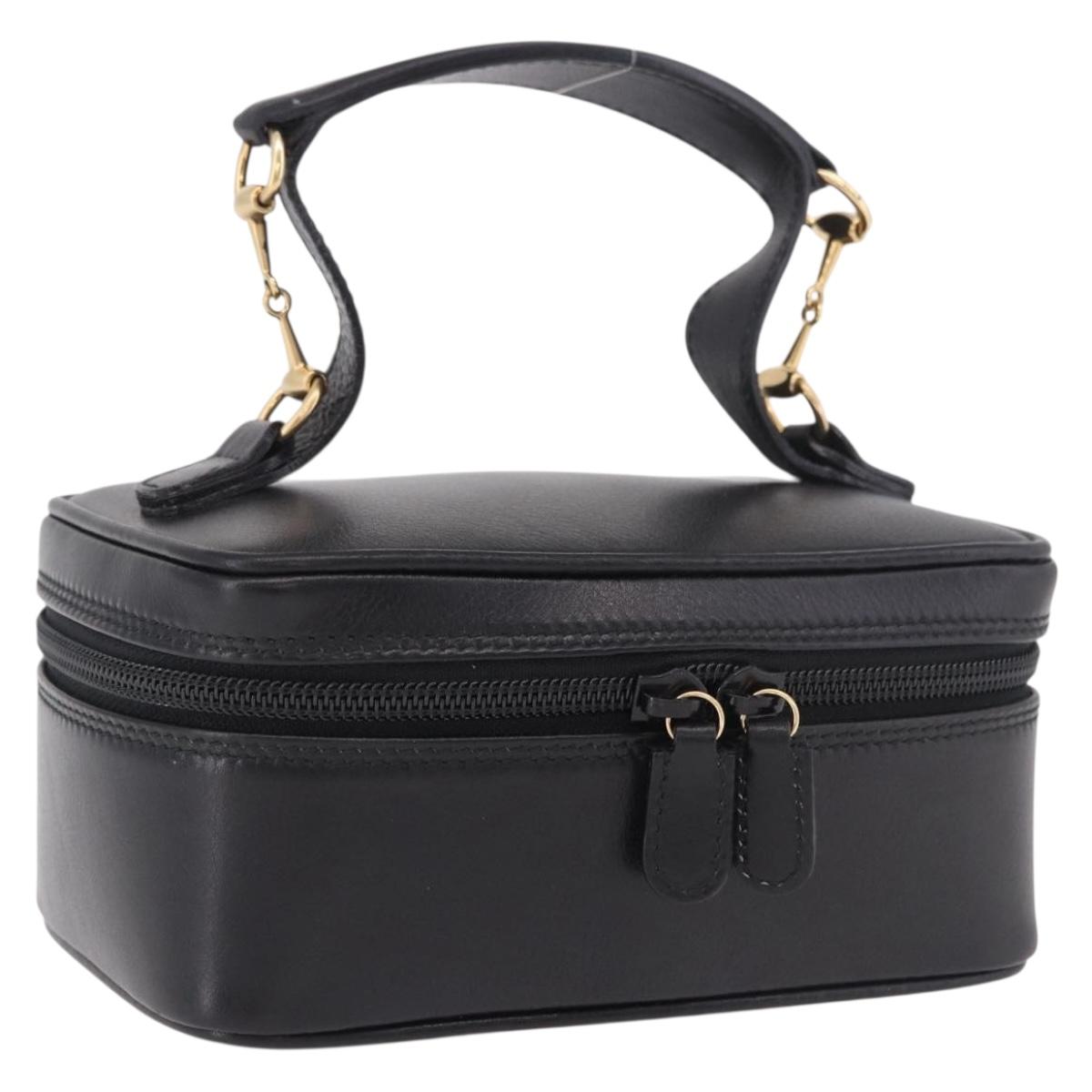 GUCCI Horsebit Vanity Hand Bag Leather Black Gold Auth 190461A