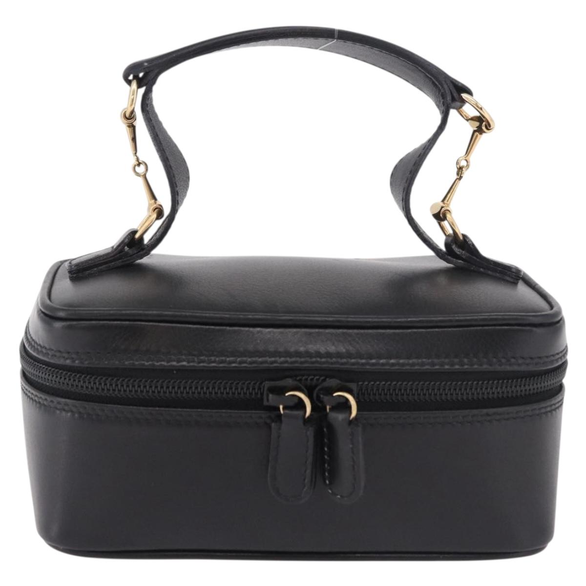 GUCCI Horsebit Vanity Hand Bag Leather Black Gold Auth 190461A
