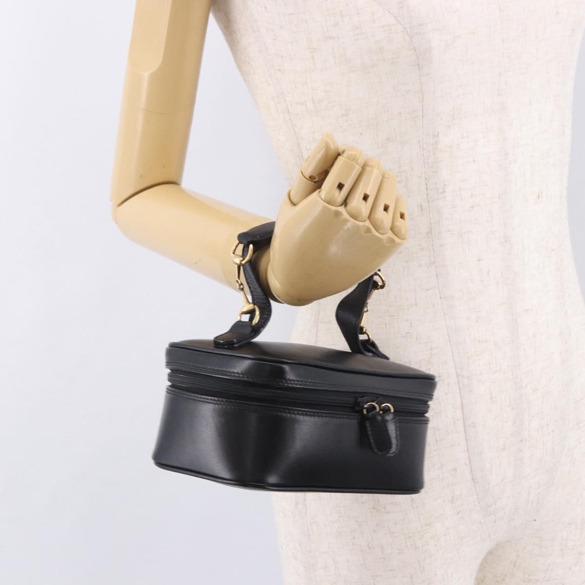 GUCCI Horsebit Vanity Hand Bag Leather Black Gold Auth 190461A