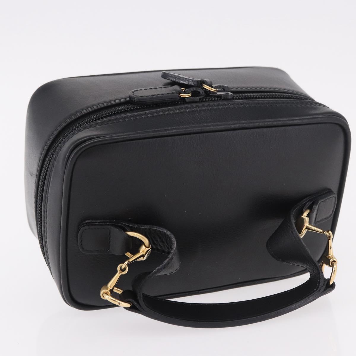 GUCCI Horsebit Vanity Hand Bag Leather Black Gold Auth 190461A