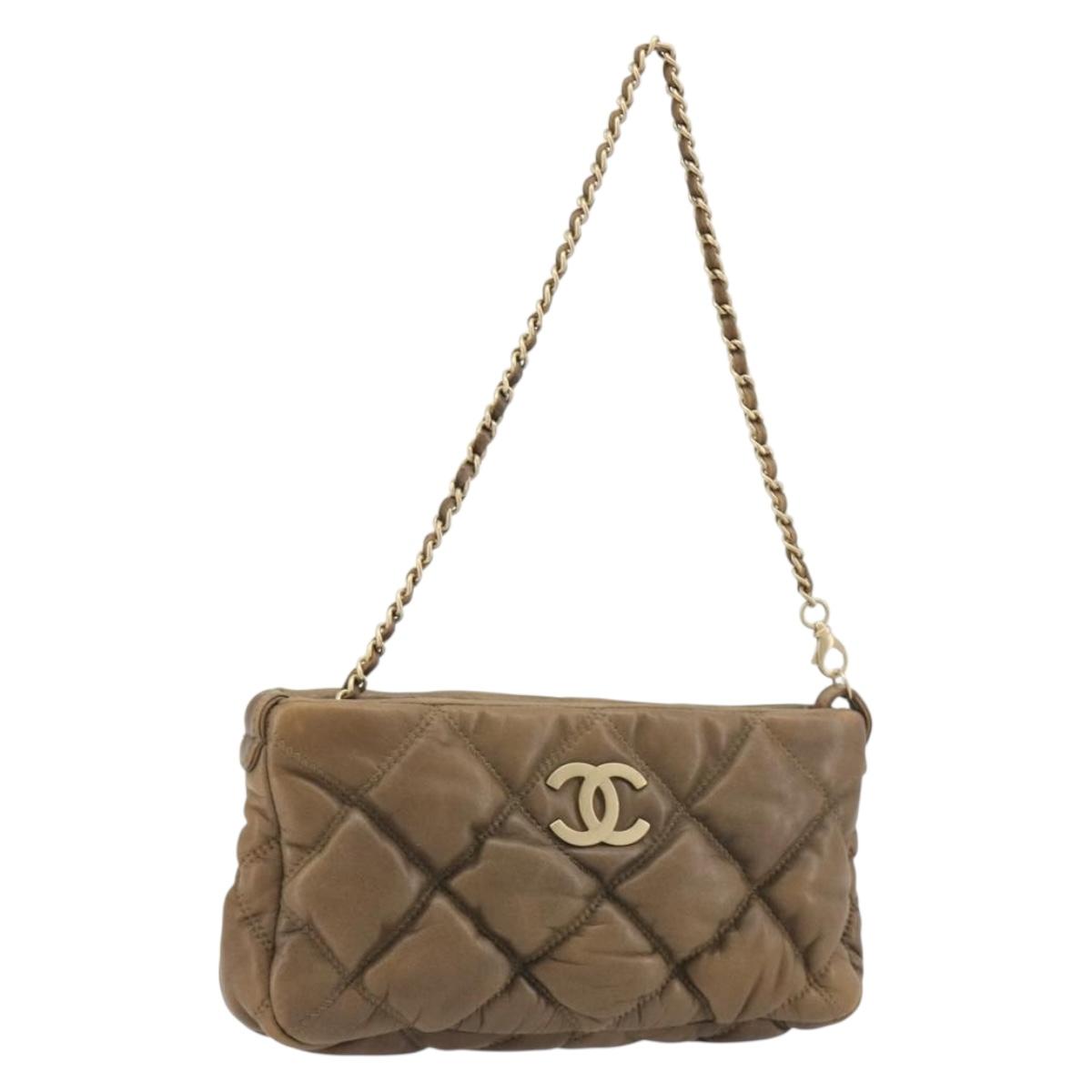 CHANEL Bubble Quilt Chain Shoulder Bag Lamb Skin Brown Gold CC Auth 190462SAV