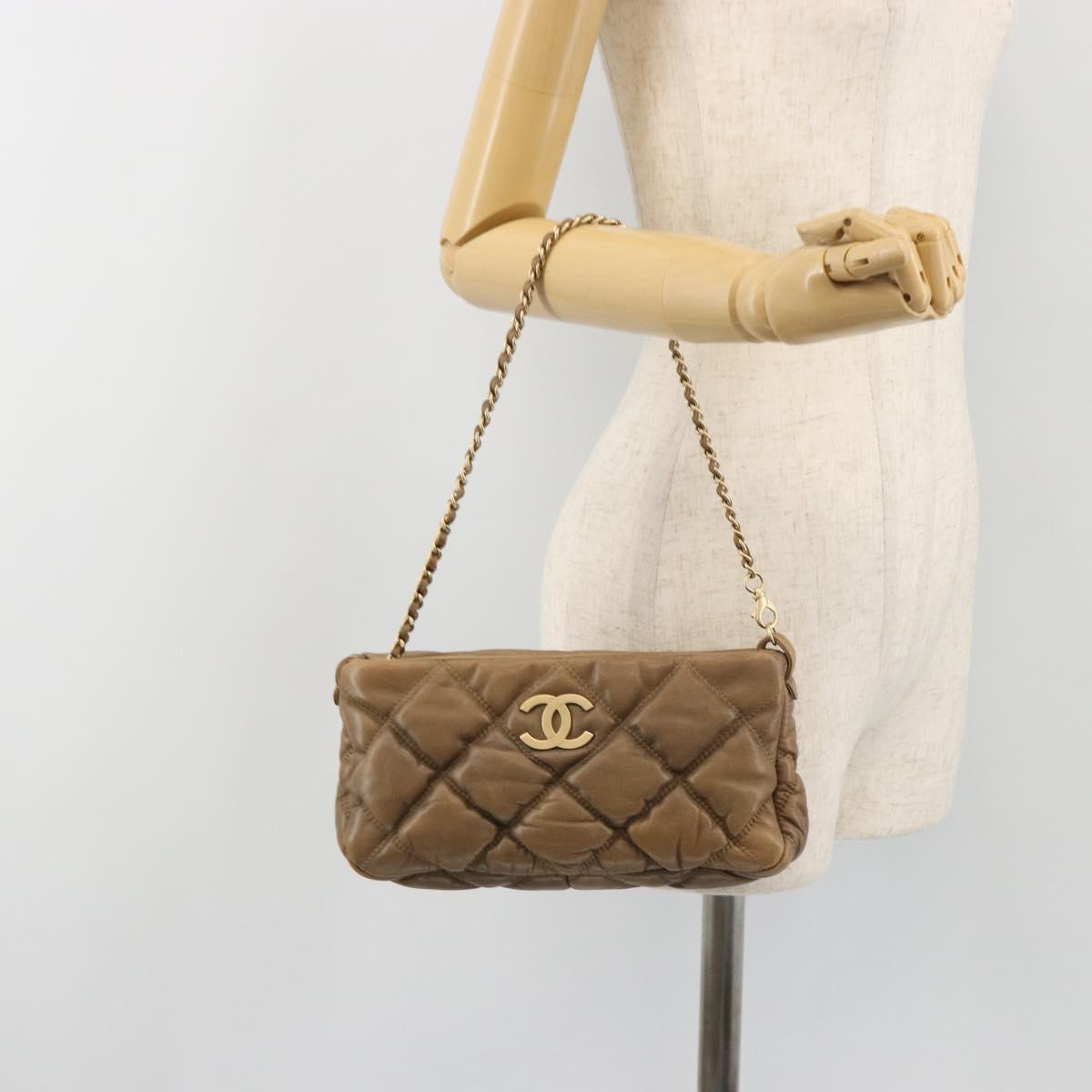 CHANEL Bubble Quilt Chain Shoulder Bag Lamb Skin Brown Gold CC Auth 190462SAV