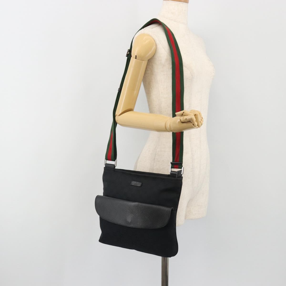 GUCCI GG Canvas Web Sherry Line Shoulder Bag Black Silver 256100 Auth 190463A