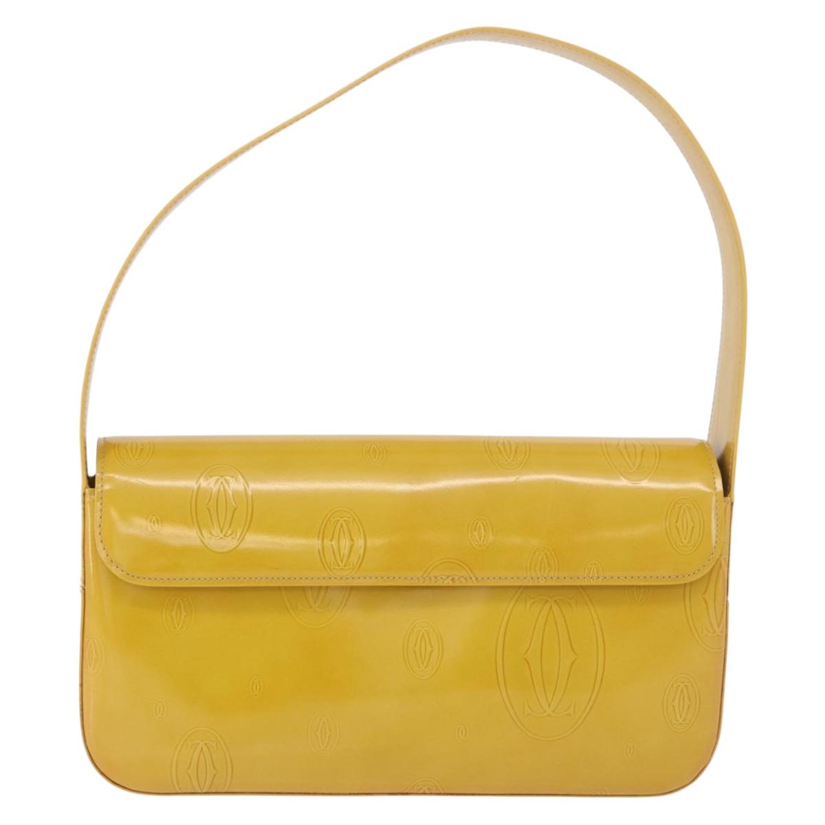 CARTIER Shoulder Bag Patent Leather Yellow Silver Auth 190468V