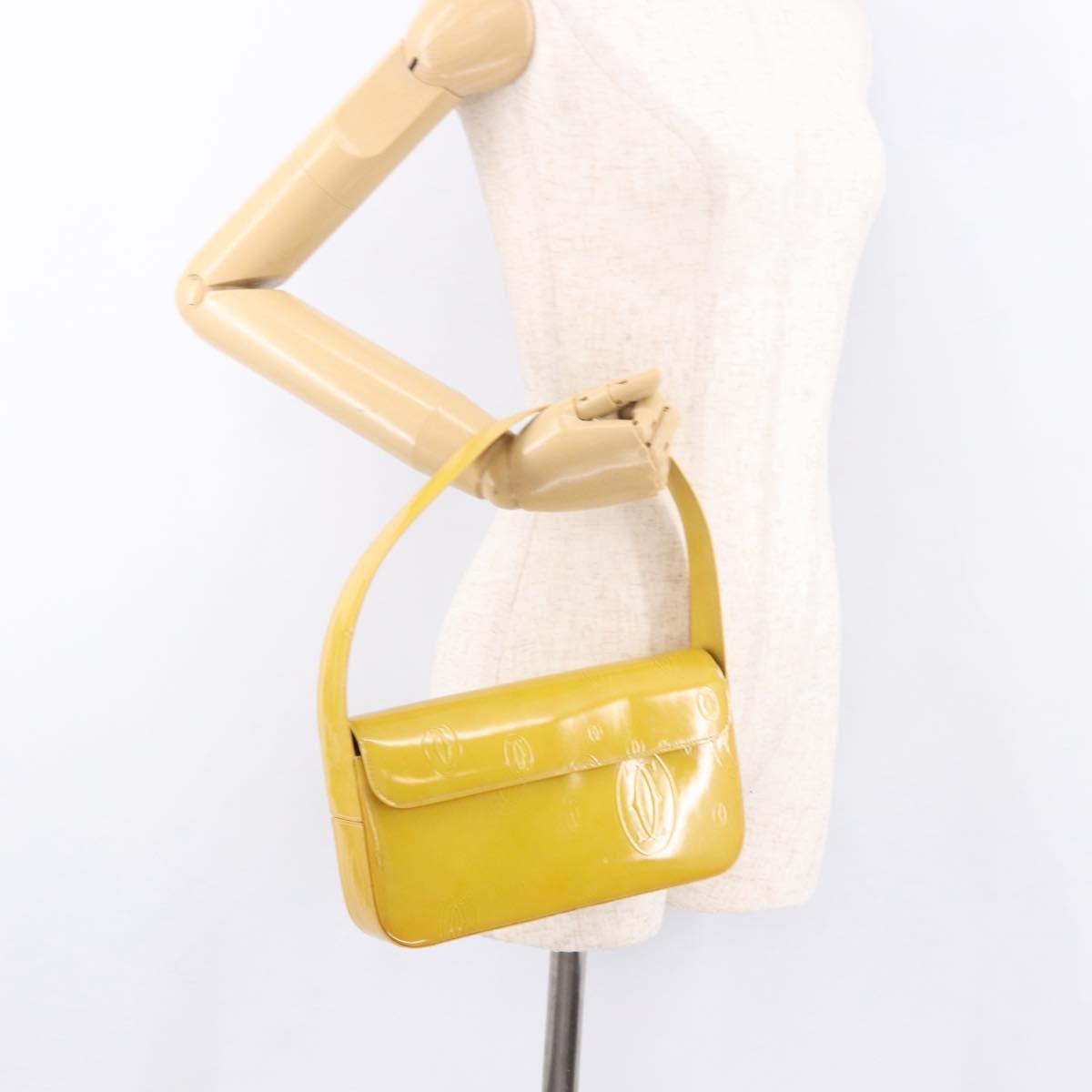 CARTIER Shoulder Bag Patent Leather Yellow Silver Auth 190468V