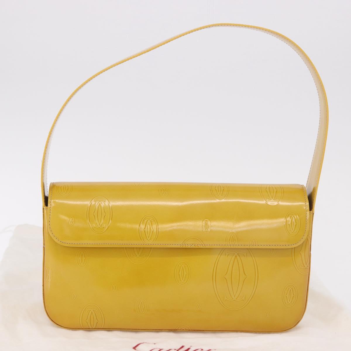 CARTIER Shoulder Bag Patent Leather Yellow Silver Auth 190468V