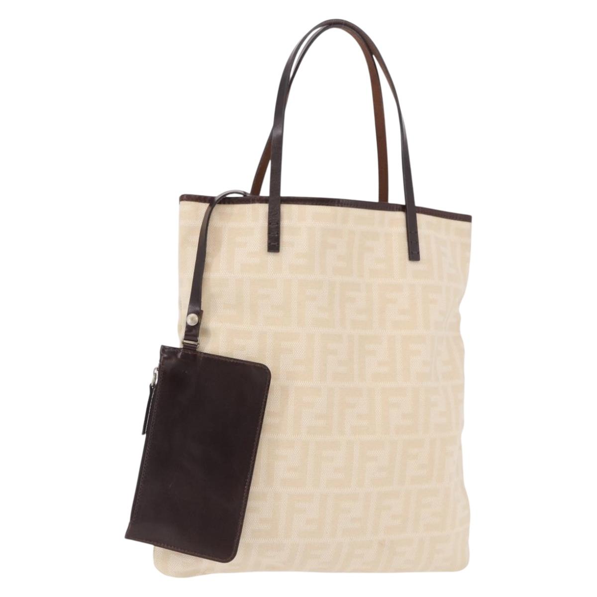 FENDI Zucca Canvas Tote Bag Beige Silver Auth 190476A