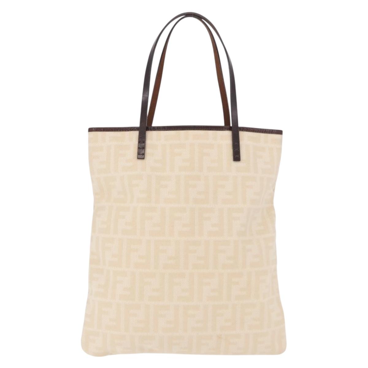 FENDI Zucca Canvas Tote Bag Beige Silver Auth 190476A