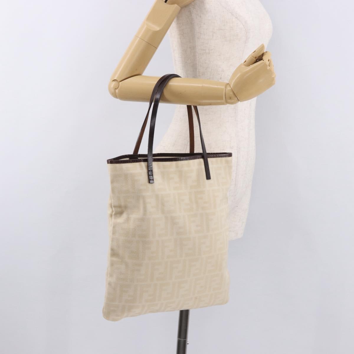 FENDI Zucca Canvas Tote Bag Beige Silver Auth 190476A