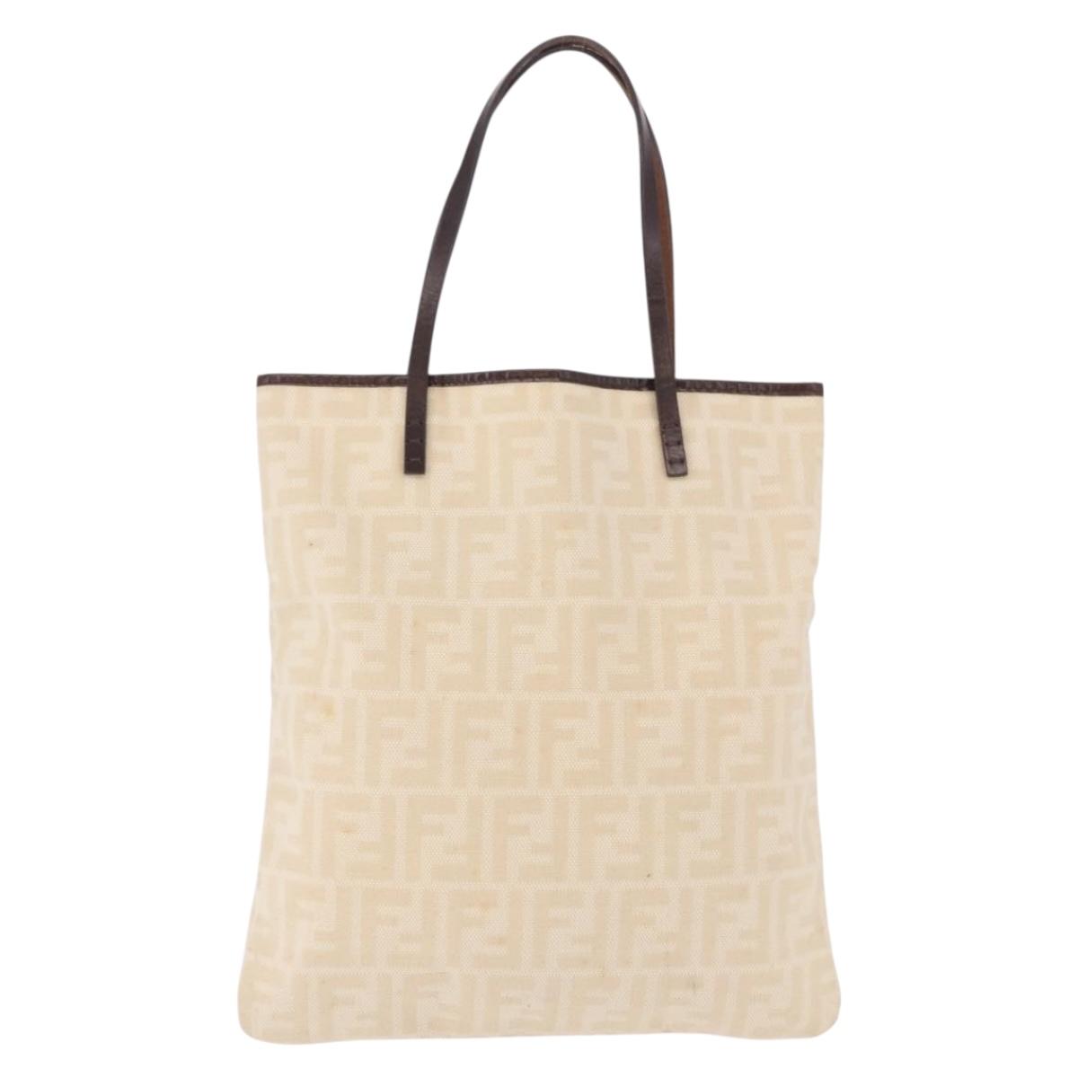 FENDI Zucca Canvas Tote Bag Beige Silver Auth 190476A