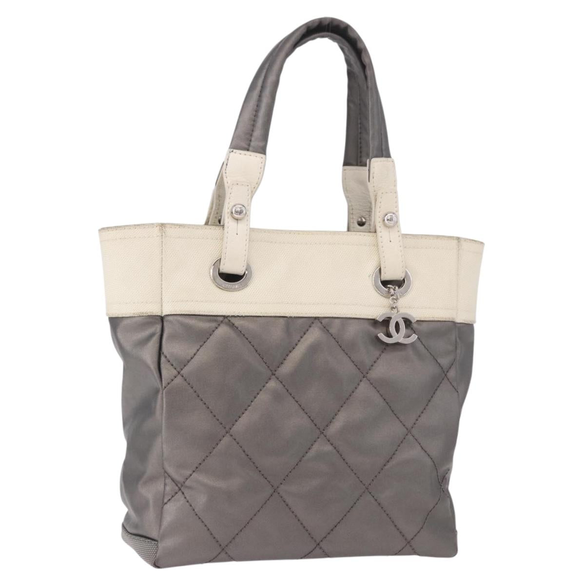 CHANEL Paris Biarritz PM Hand Bag PVC Canvas Gray Silver CC Auth 190477A