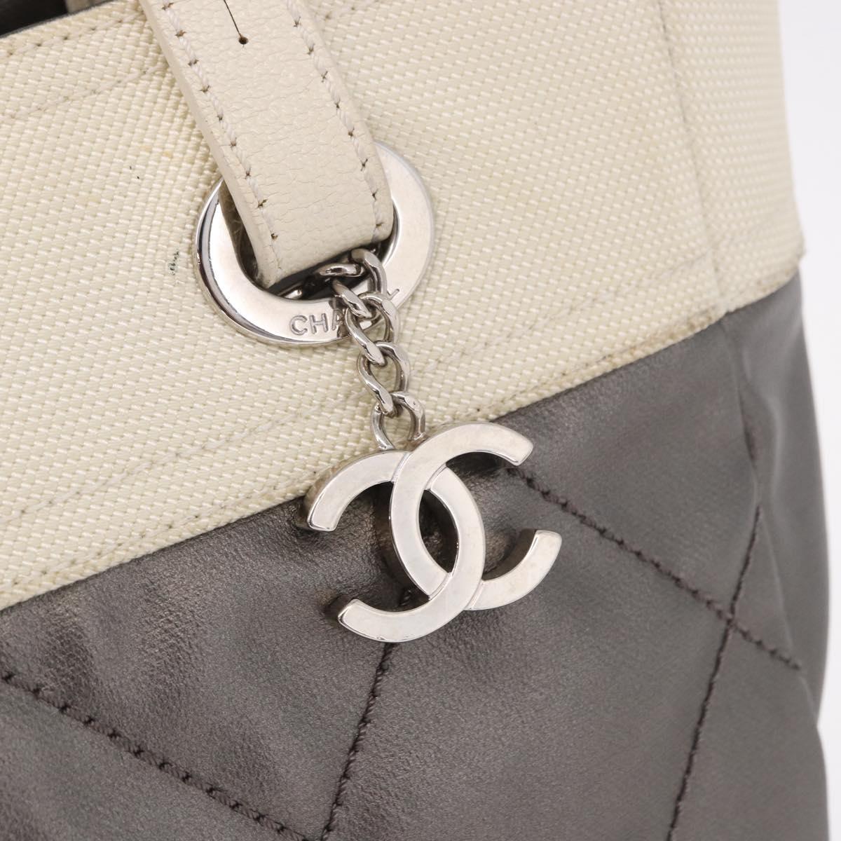 CHANEL Paris Biarritz PM Hand Bag PVC Canvas Gray Silver CC Auth 190477A