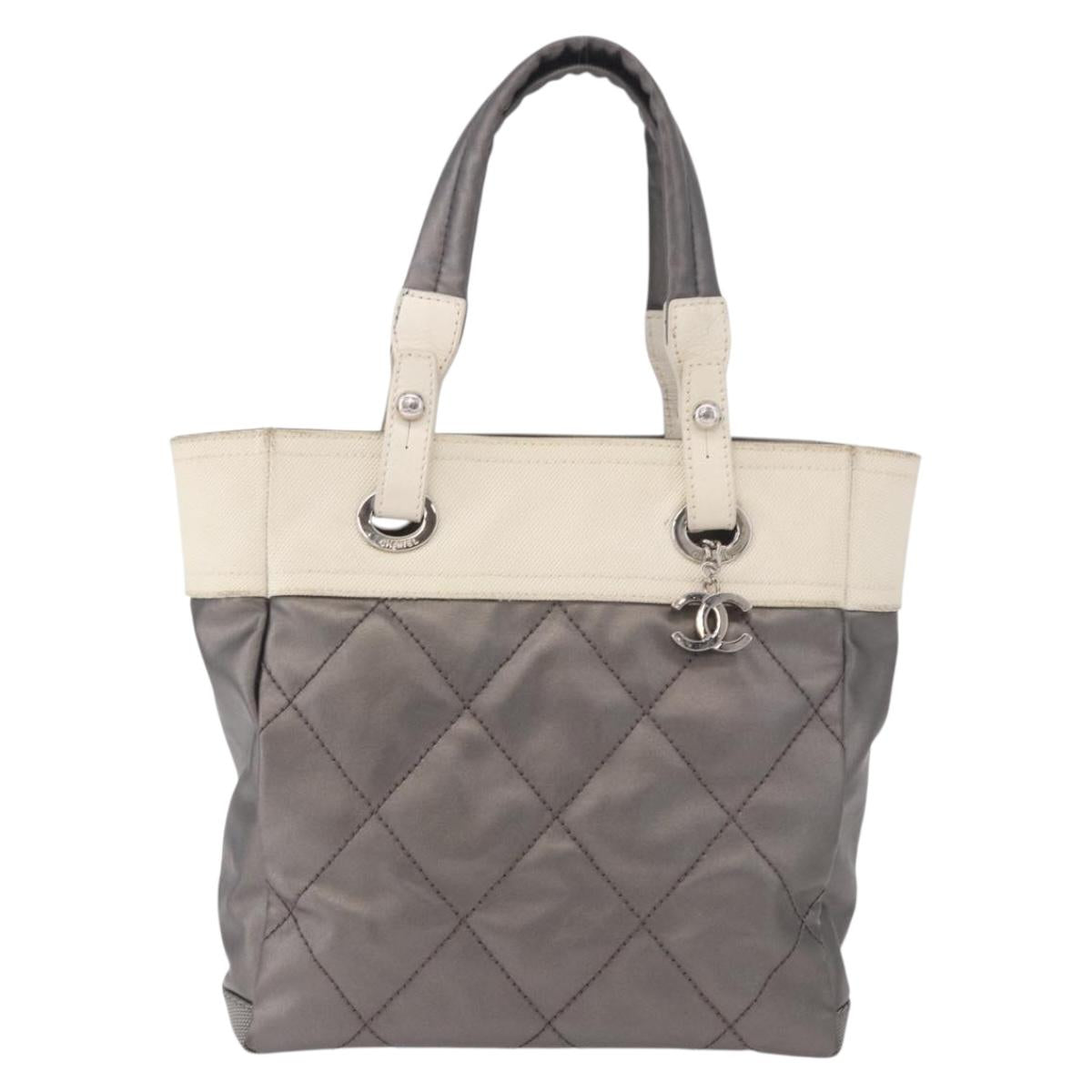 CHANEL Paris Biarritz PM Hand Bag PVC Canvas Gray Silver CC Auth 190477A