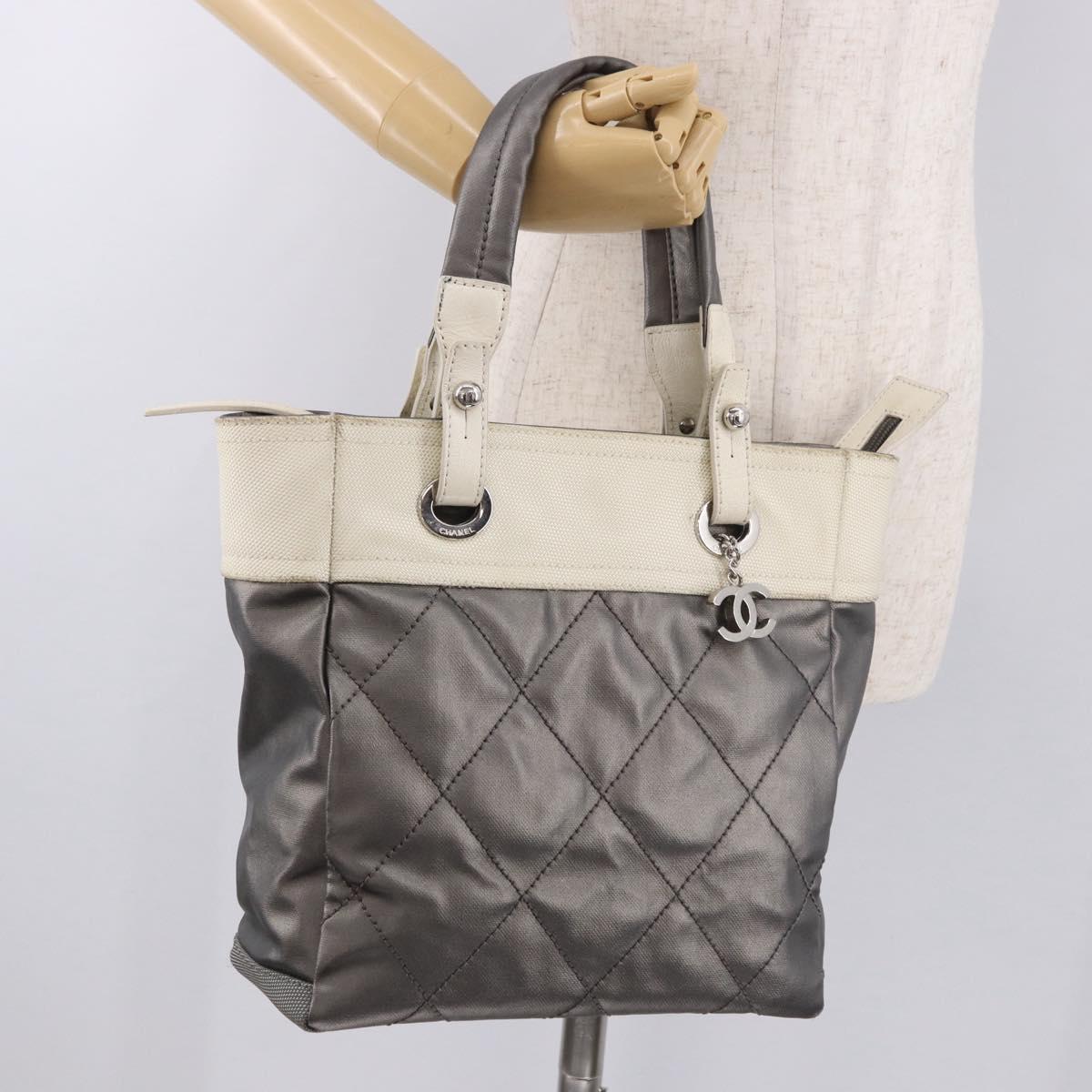 CHANEL Paris Biarritz PM Hand Bag PVC Canvas Gray Silver CC Auth 190477A