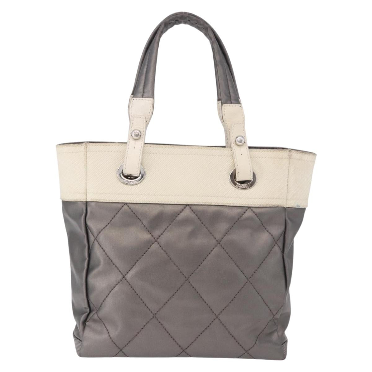 CHANEL Paris Biarritz PM Hand Bag PVC Canvas Gray Silver CC Auth 190477A