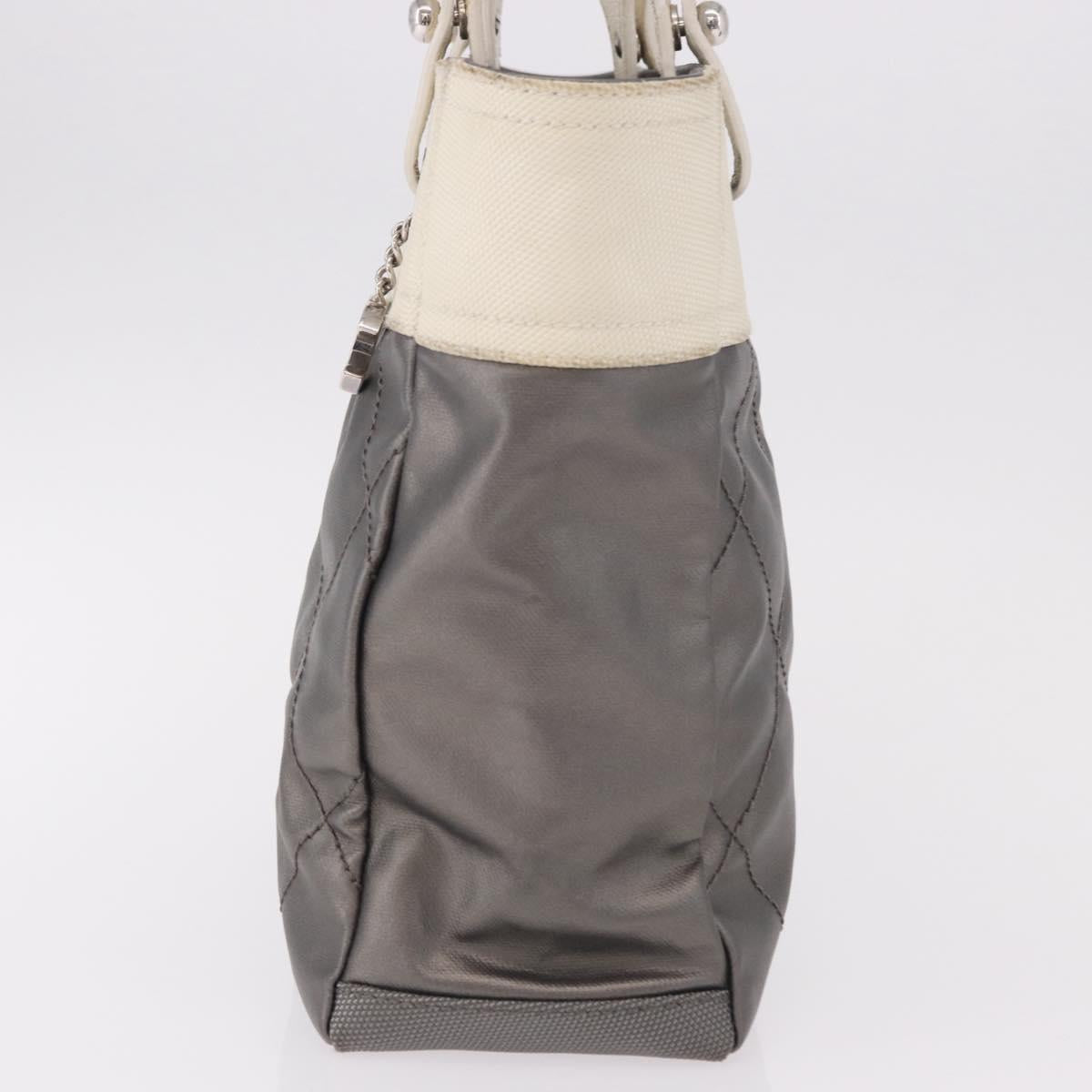 CHANEL Paris Biarritz PM Hand Bag PVC Canvas Gray Silver CC Auth 190477A