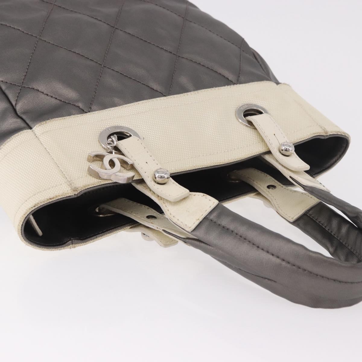 CHANEL Paris Biarritz PM Hand Bag PVC Canvas Gray Silver CC Auth 190477A