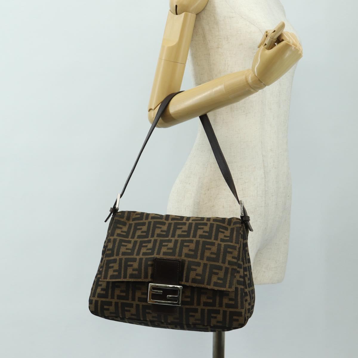 FENDI Zucca Canvas Mamma Baguette Shoulder Bag Black Brown Auth 190478V
