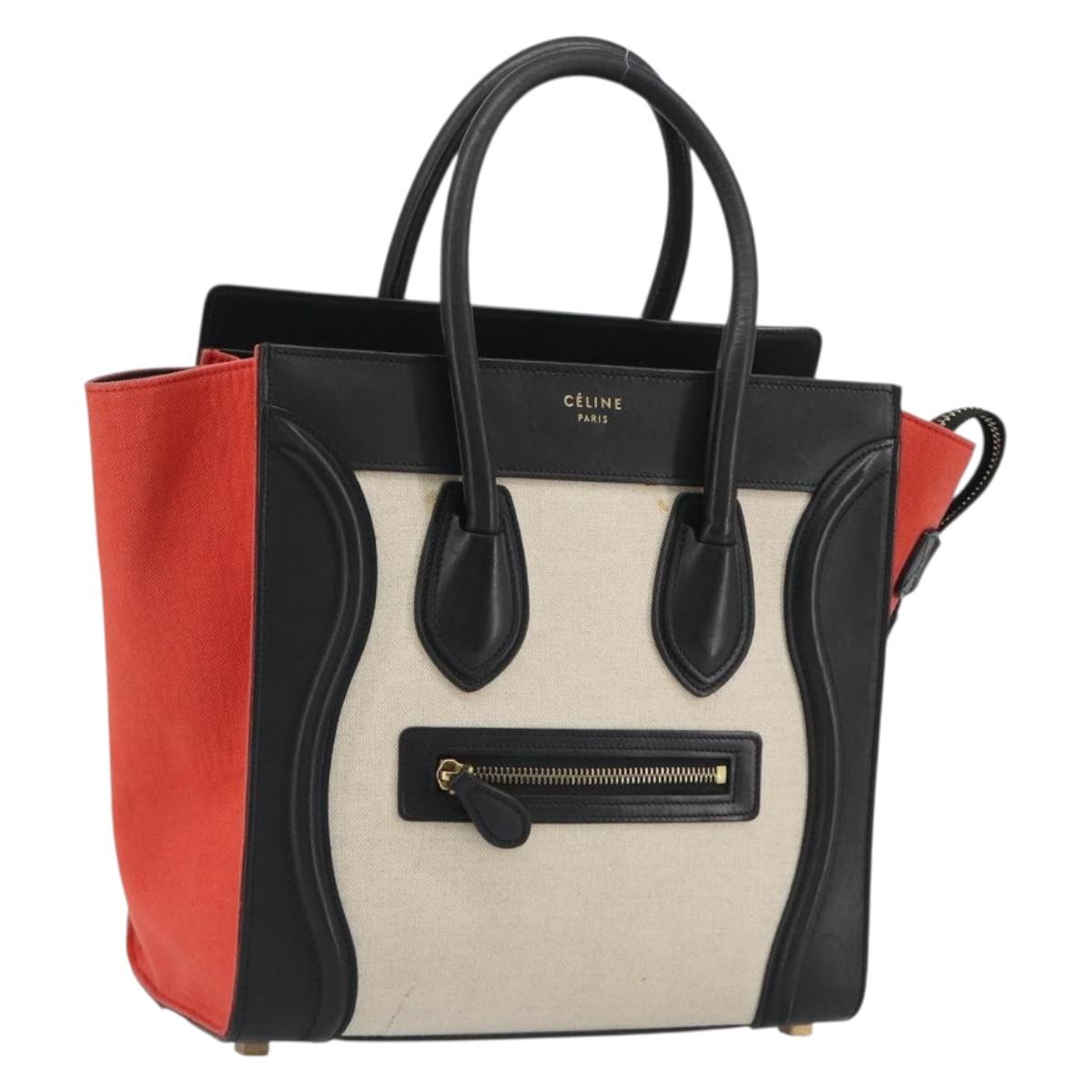 CELINE Luggage Micro Shopper Hand Bag Canvas Beige Gold Auth 190479A