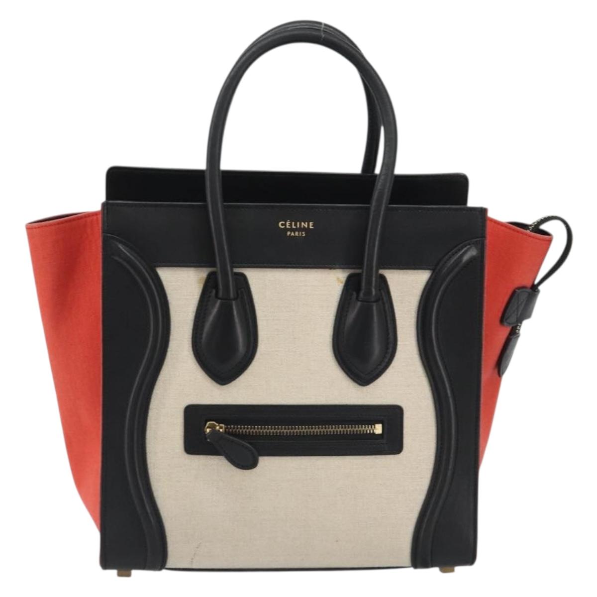 CELINE Luggage Micro Shopper Hand Bag Canvas Beige Gold Auth 190479A