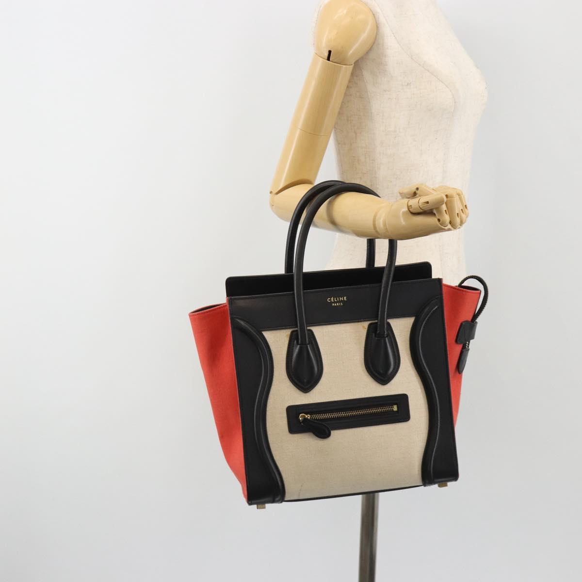 CELINE Luggage Micro Shopper Hand Bag Canvas Beige Gold Auth 190479A