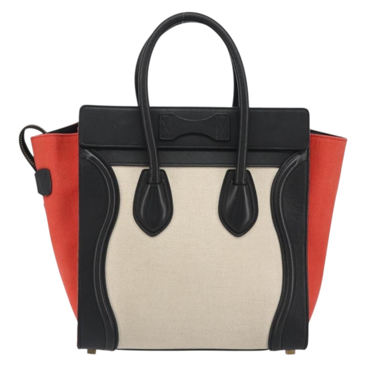 CELINE Luggage Micro Shopper Hand Bag Canvas Beige Gold Auth 190479A