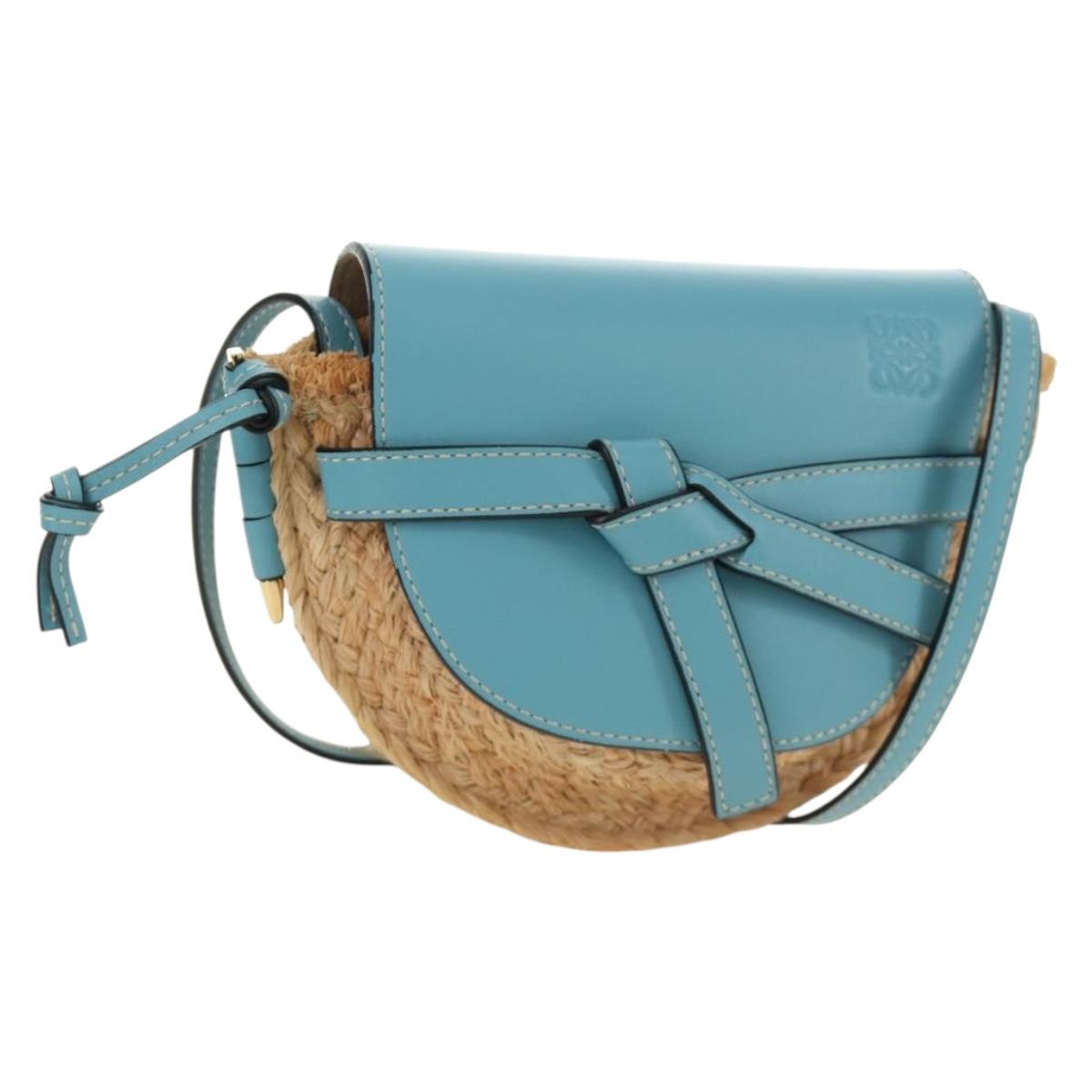 LOEWE Gate Bag Shoulder Bag Raffia Light Blue Gold Auth 190481M