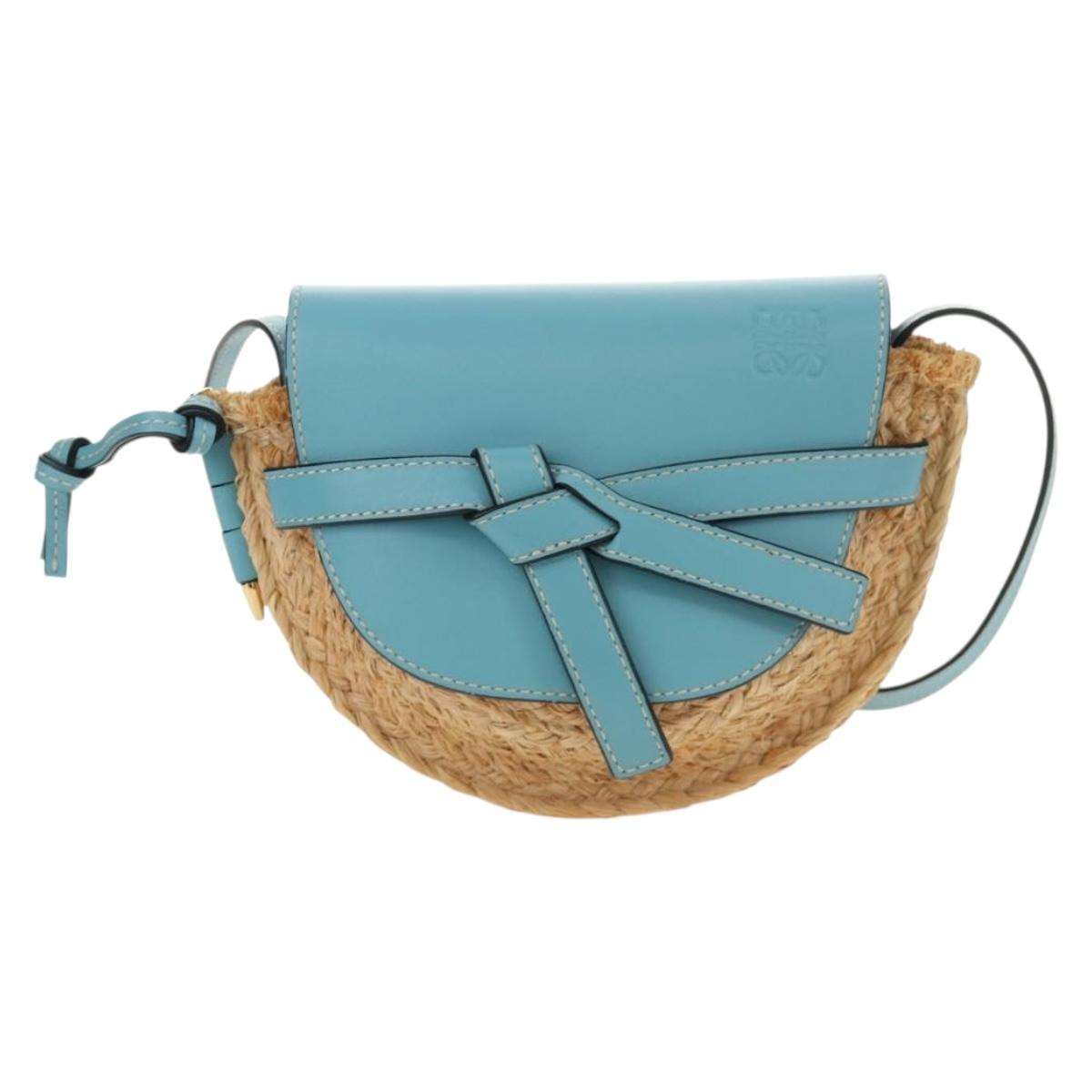 LOEWE Gate Bag Shoulder Bag Raffia Light Blue Gold Auth 190481M